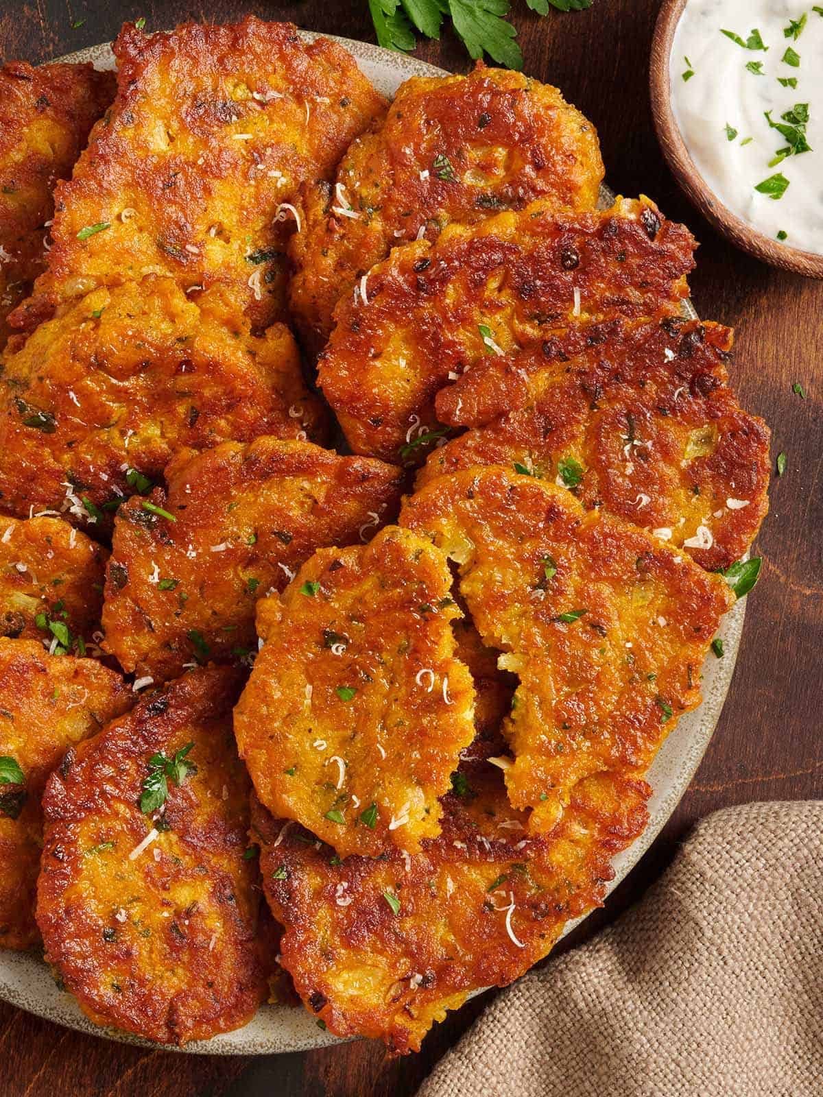 Crisp Savory Pumpkin Fritters with Garlic Dip